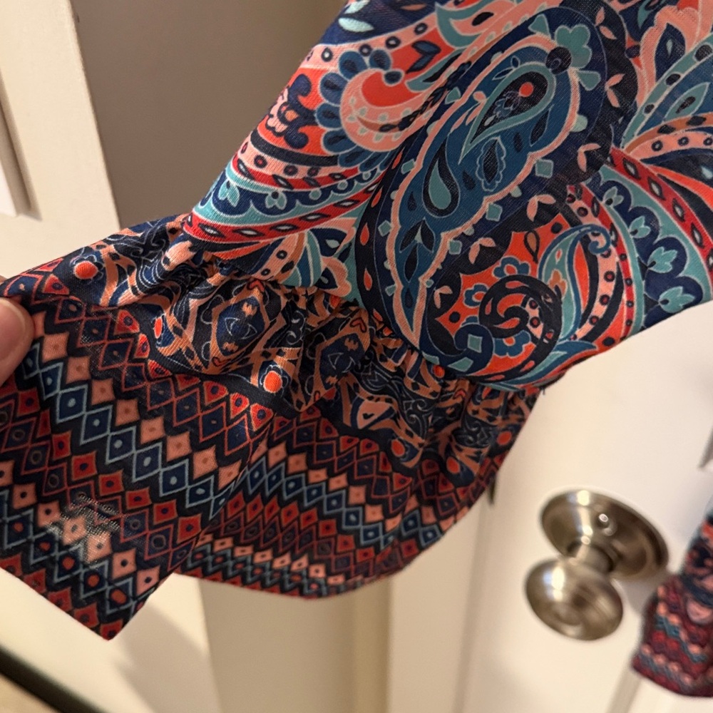 Ruby Rd. Blue Multi Paisley V-Neck Peasant Blouse - Picture 7 of 8